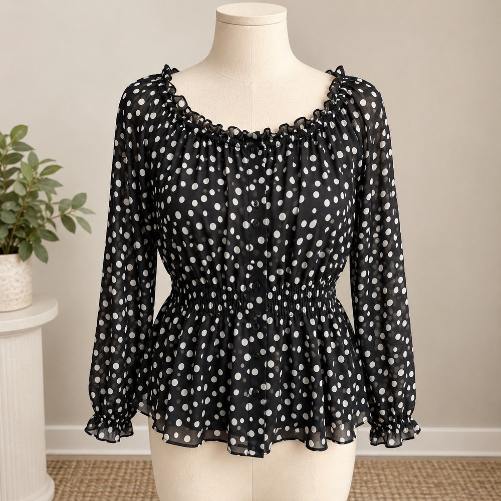 Lane Bryant Blouse Black Polka Dot Smocked Waist Ruffle Chiffon Top Sz 14/16